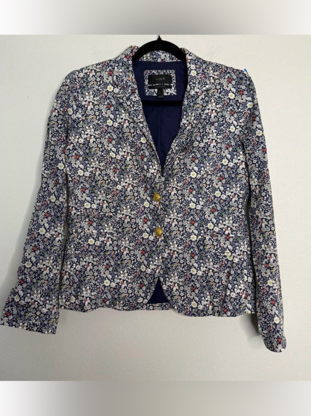 J. Crew Navy Floral Print Cotton-Blend Blazer with Gold Buttons